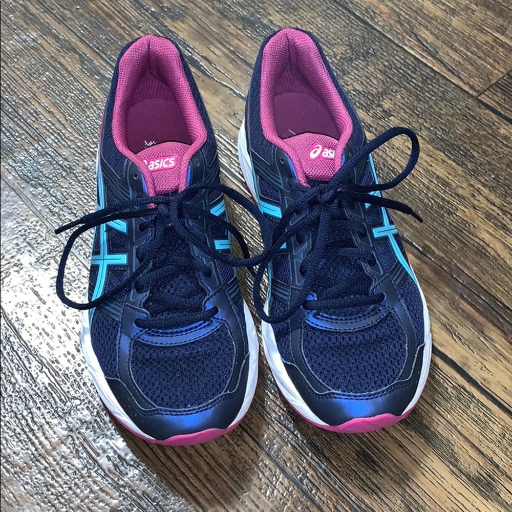 Blue and Pink ASIC running shoes